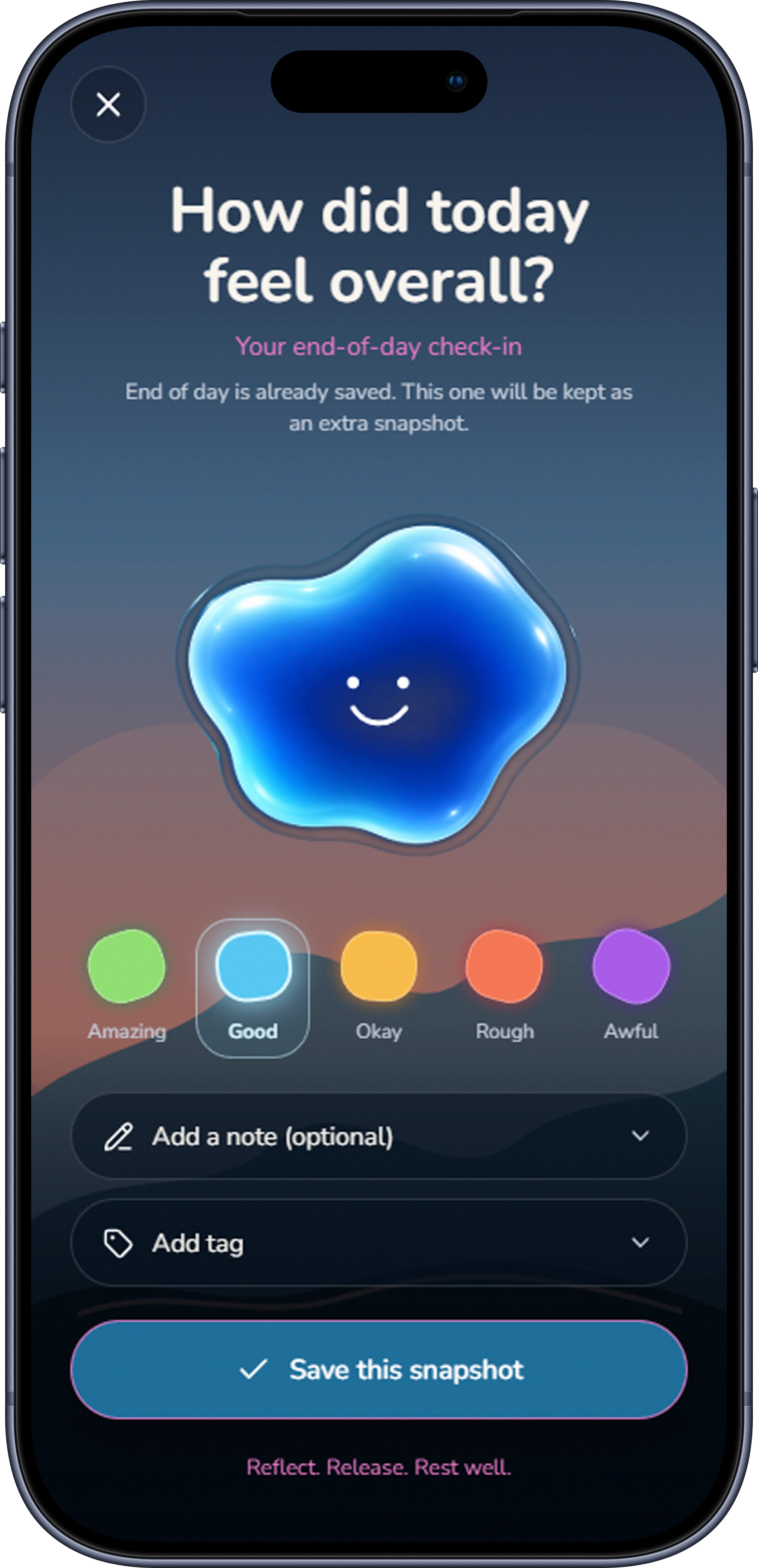 My Tiny Mood end-of-day check-in screen with a blue Good mood blob